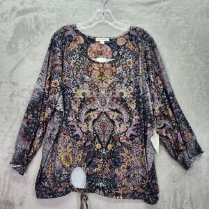 Farmers Market Tunic Womens Plus 3X Floral Paisley Rhinestone Blouse Career Work